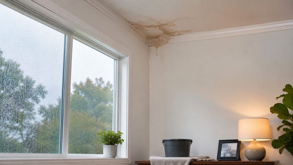 tache au plafond provoquée par une fuite de toiture